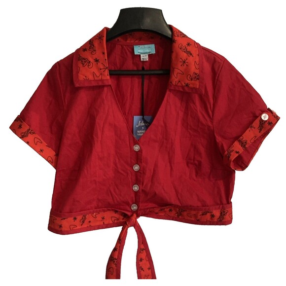 Unique Vintage X Jetson's XL Red Tie Front Crop Top Button Up Collared Shirt NWT - Picture 3 of 16